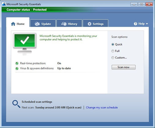 Microsoft Security Essentials provides real-time protection for your home PC that guards against viruses, spyware, and other malicious software.