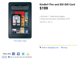 Head's up: Kindle Fire with $50 gift card from Wal-Mart for $199
